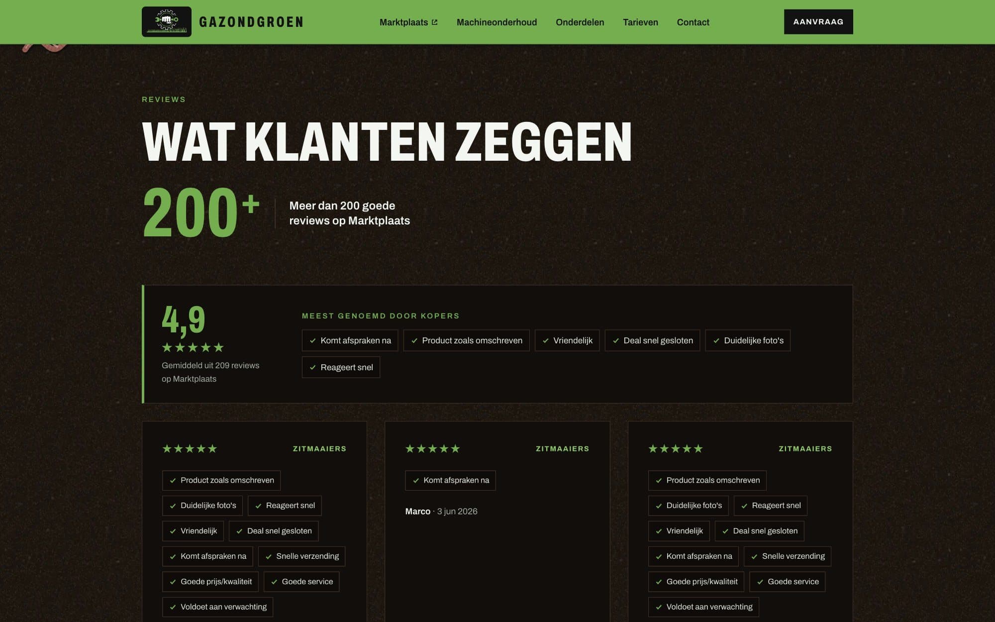 The reviews section: an average of 4.9 out of 209 Marktplaats reviews, what buyers mention most, and individual reviews underneath.