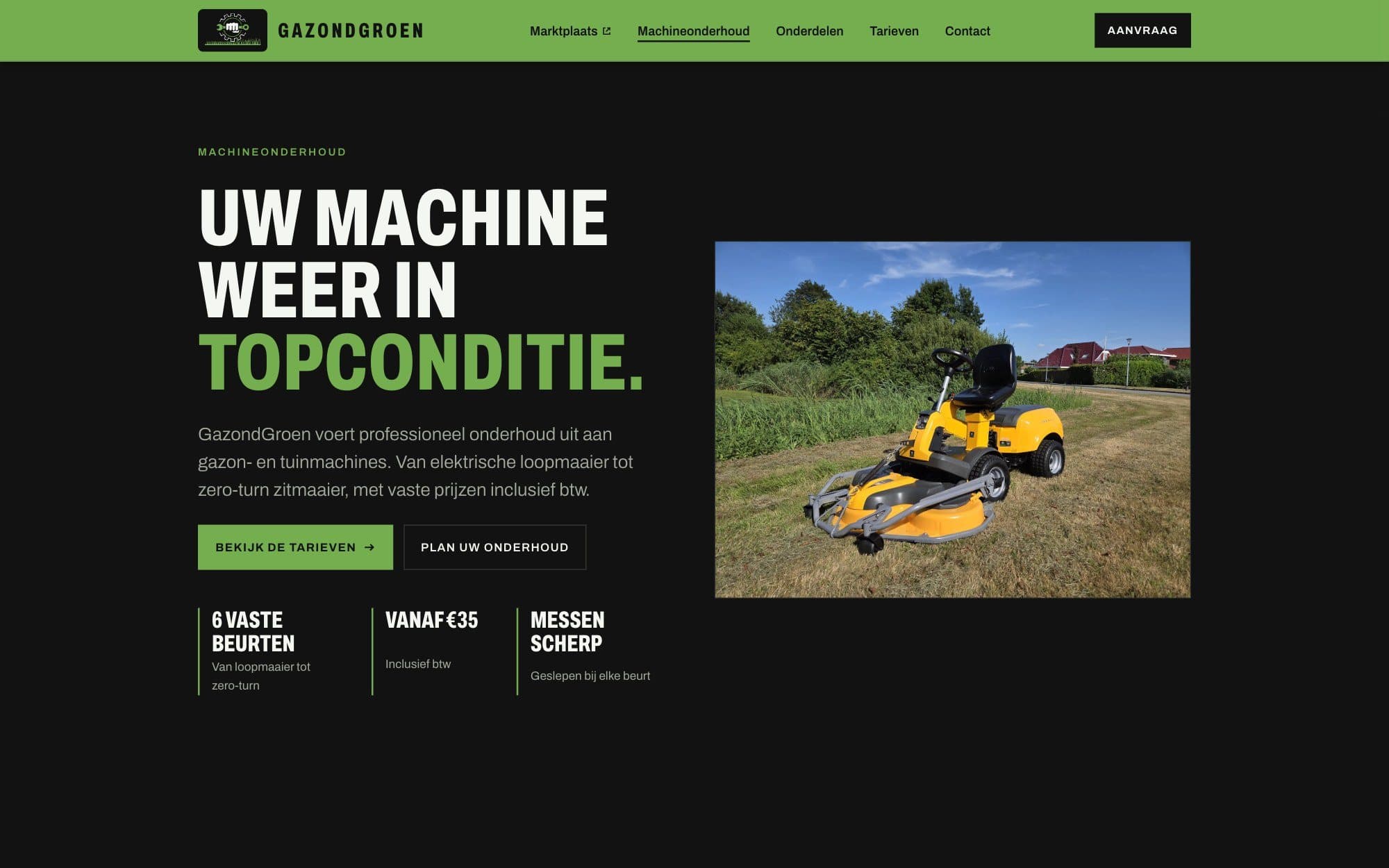 The machine maintenance page: a headline, a photo of a ride-on mower and three facts about the service.