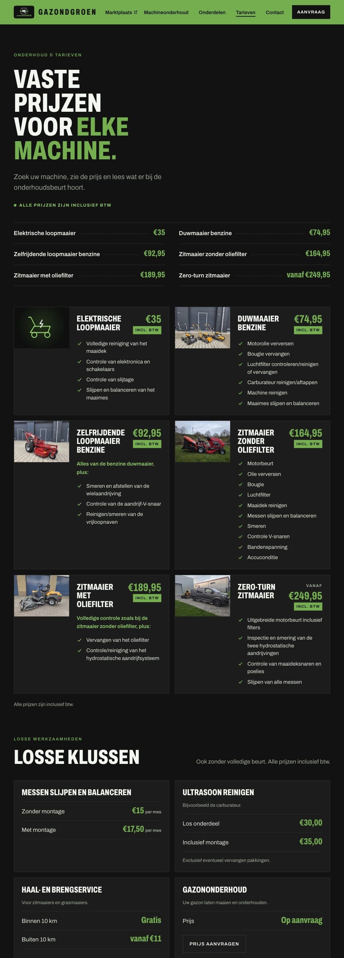 The rates page: a price list per machine type, then a card per type listing what the service includes, and separate jobs below.