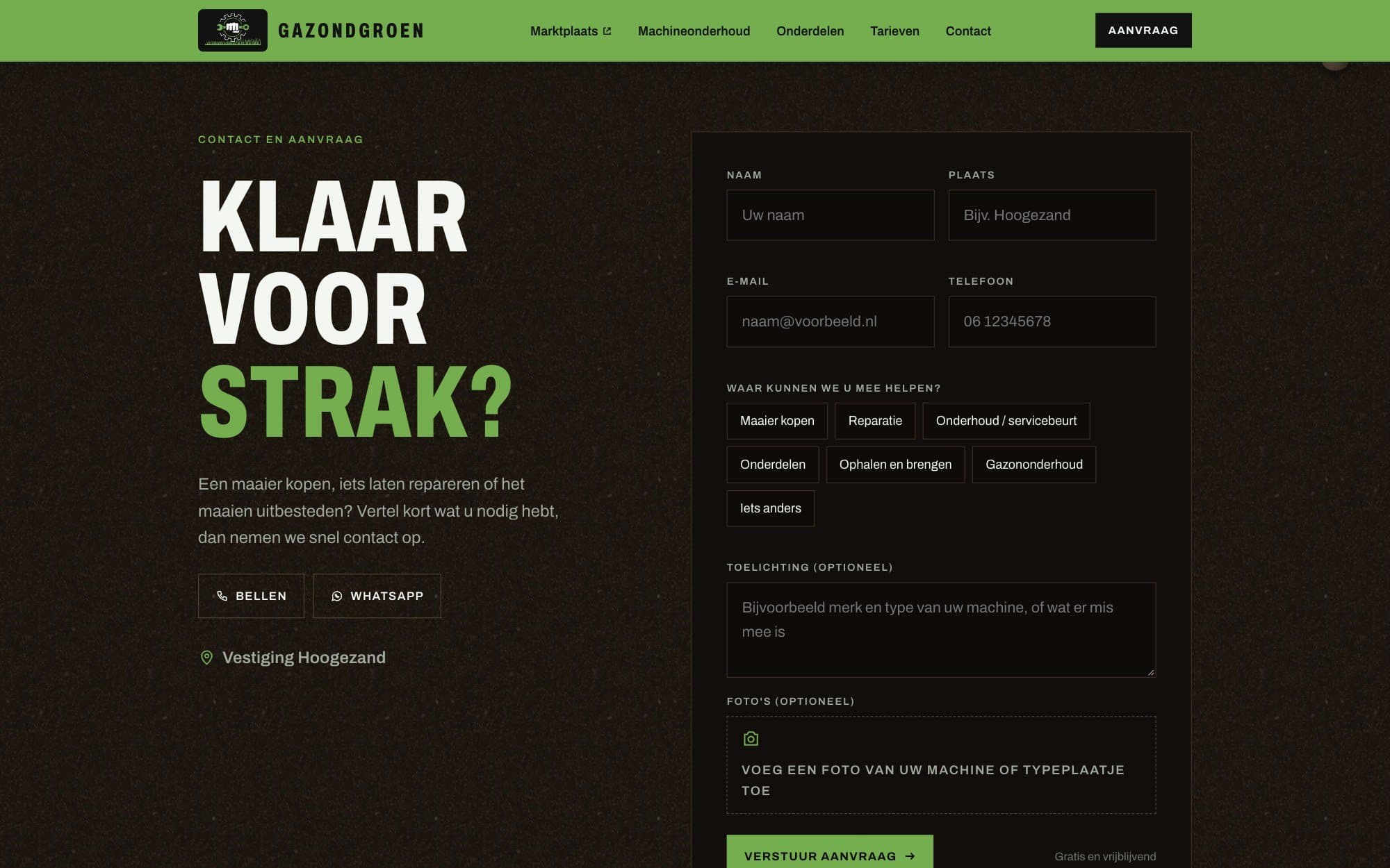 The request form: name, town, email and phone, a choice of what the request is about, a note field and a photo upload.