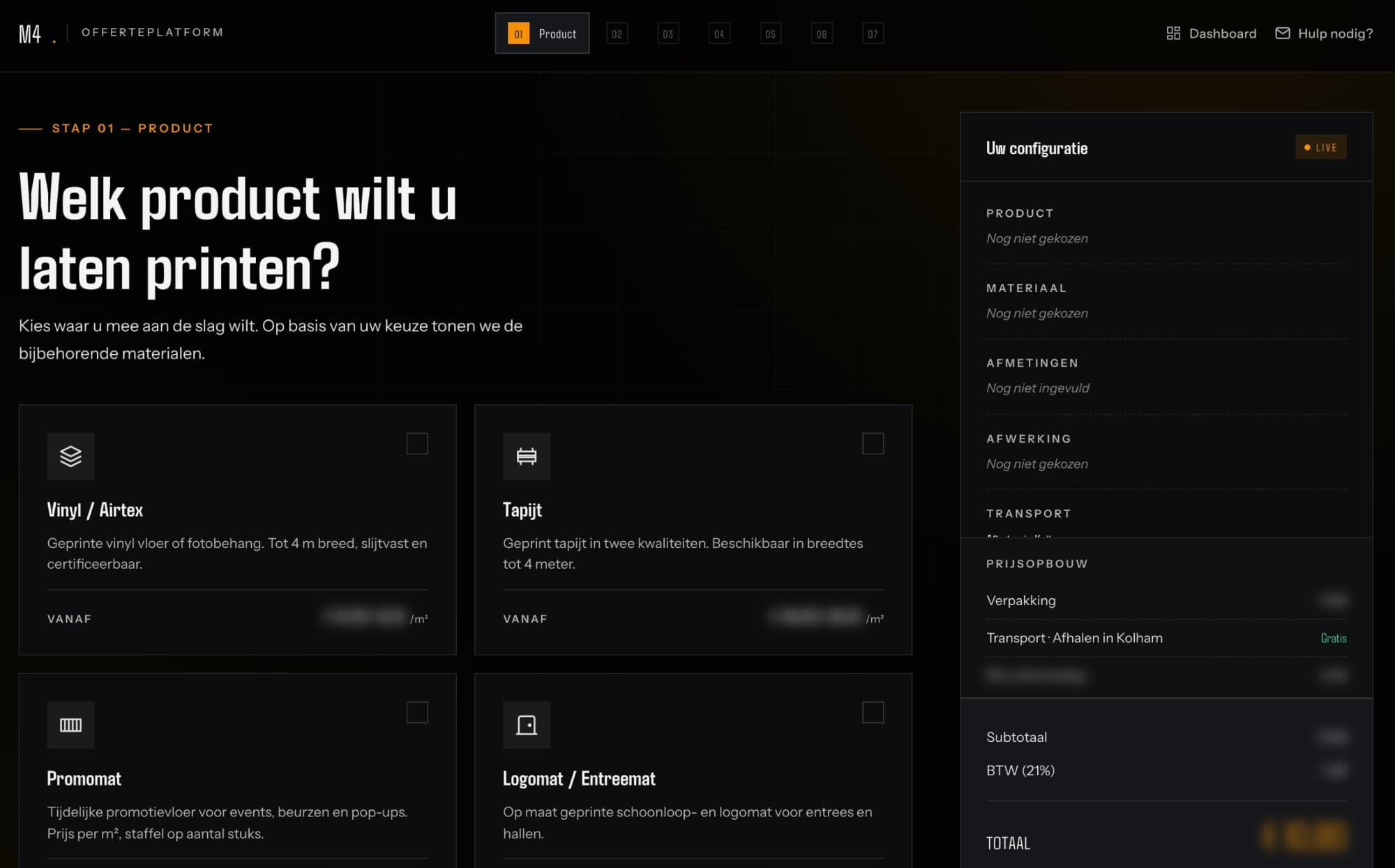 Stap 01 van de offerteconfigurator: een product kiezen, met rechts een live configuratiepaneel.