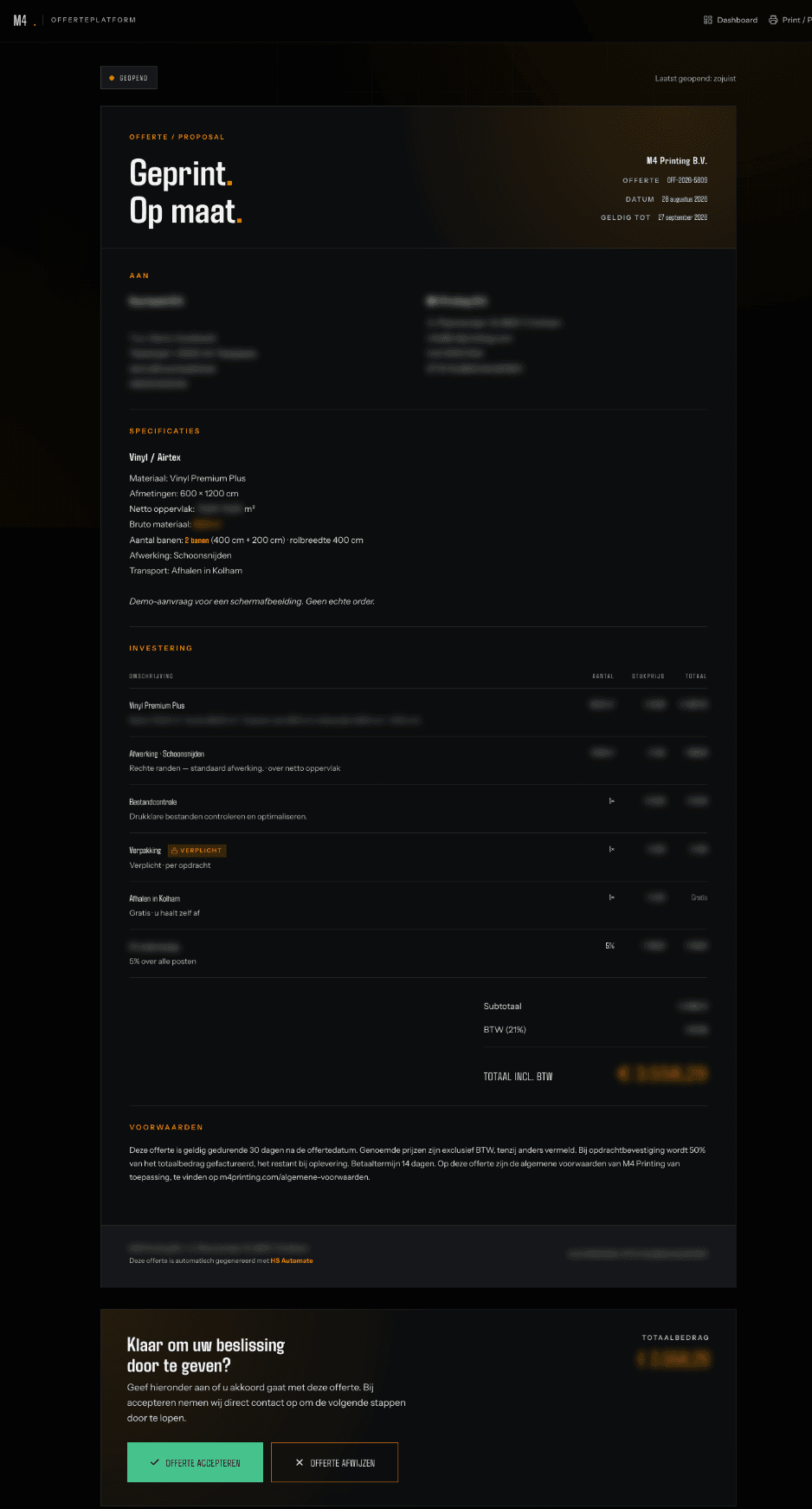 The generated quotation: specifications, an itemised investment table, terms, and buttons to accept or decline.