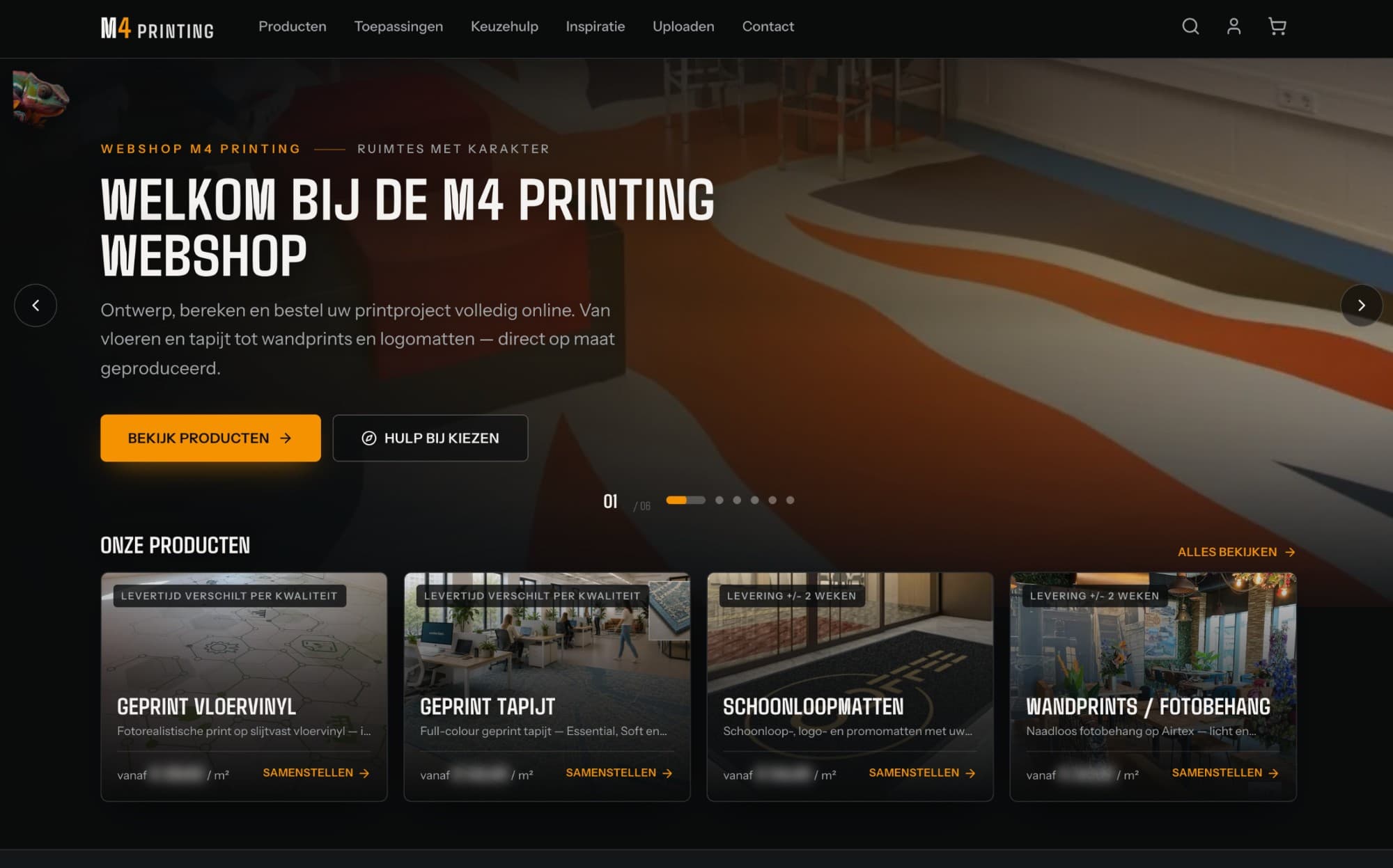 De homepage van de M4 Printing-webshop, met daaronder het productaanbod.