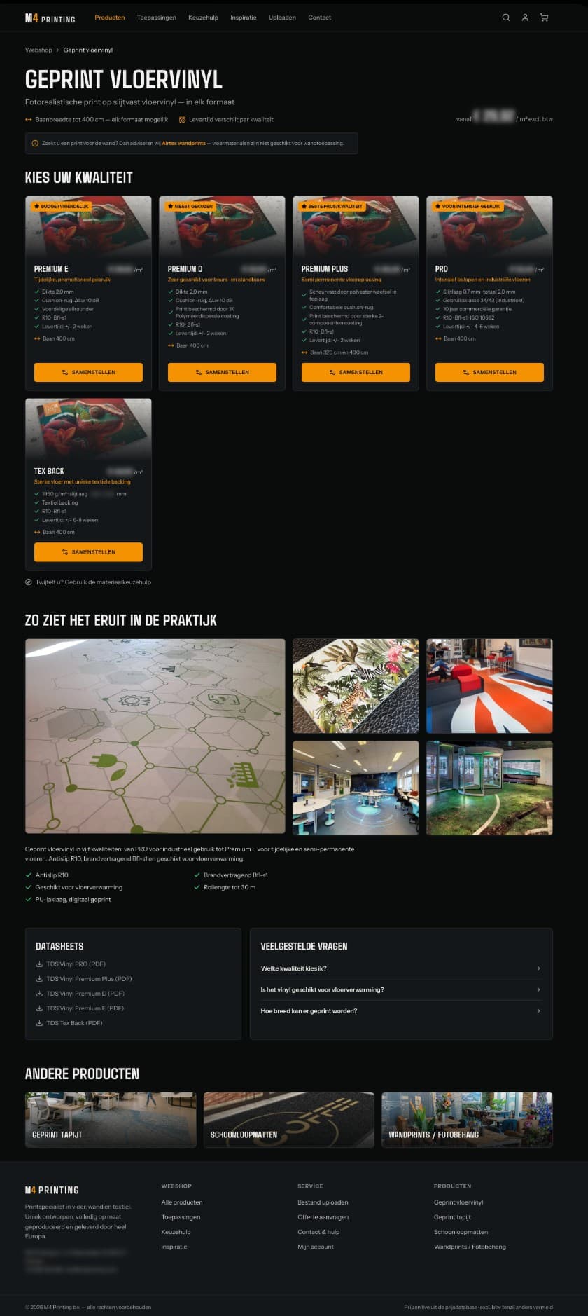 De productpagina voor geprint vloervinyl, met vijf kwaliteiten naast elkaar en hun specificaties.