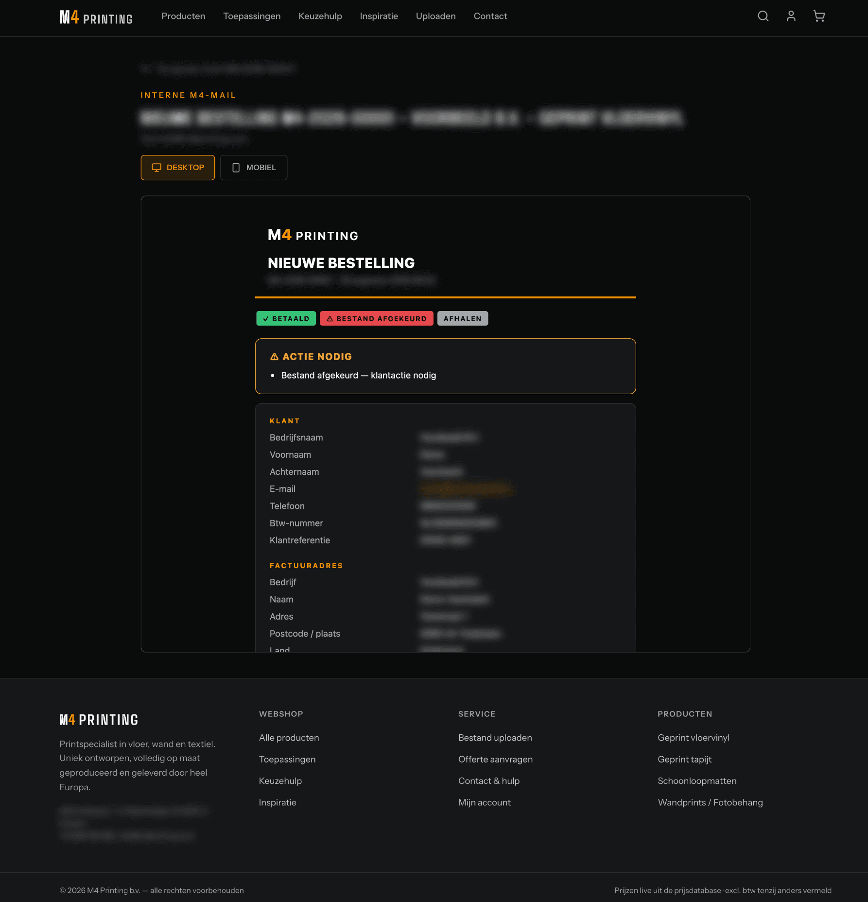The internal order email, with status labels at the top and the full customer and order details below.